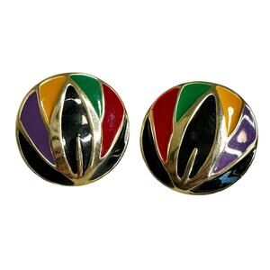 Vintage Multi-color Enamel Metal Gold Tone Earrings Costume Jewelry